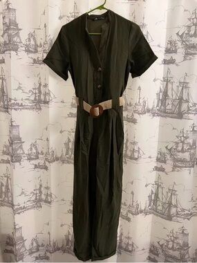 ZARA LONG BELTED JUMPSUIT Dark khaki 0/3564/089/507/01 Size XS
